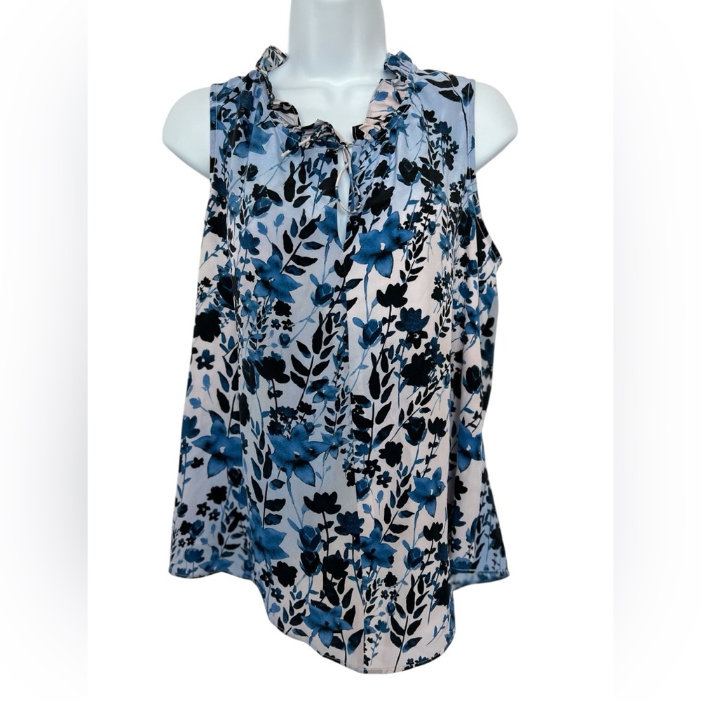 🩷 EUC ECRU 100% Silk Navy, Lt. Blue & White Floral Sleeveless Blouse | Women’s S